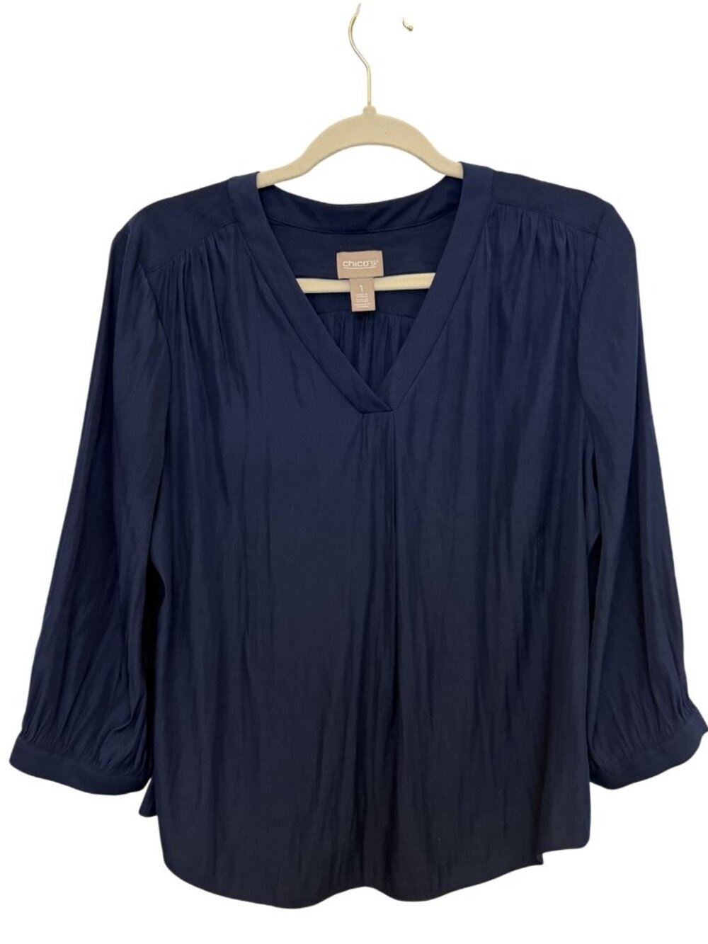 Chico’s Size 1 Navy Blue V-Neck 3/4 Sleeve Blouse